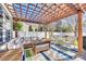 Outdoor patio featuring a pergola, wicker furniture, a striped rug, and a fenced-in yard at 249 Sand Paver Way, Fort Mill, SC 29708