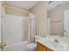 Bathroom with shower-tub combination, vanity, sink, and decorative shower curtain at 3230 Richway Ct, Charlotte, NC 28216