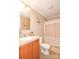 Cozy bathroom with vanity, toilet, and shower with decorative artwork at 1766 Duckwood Rd, Lancaster, SC 29720