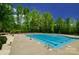 A large community pool with multiple lanes is surrounded by mature trees and lush greenery at 4321 Duplin Dr, Charlotte, NC 28214