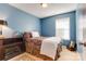 Bedroom with blue walls, window, and a decorative fireplace at 1362 Copper Creek Ln, Fort Mill, SC 29715