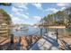 View of community dock with boat slips, providing access to the lake and waterfront activities at 20105 Chapel Point Ln, Cornelius, NC 28031