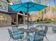 Relaxing patio with a pool, wrought iron table and chairs, and shade umbrella at 462 Barber Loop, Mooresville, NC 28117