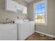 Bright laundry room featuring a utility sink, washer, dryer, overhead cabinets, and a window at 107 Sunderland Dr, Shelby, NC 28150