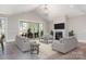 Bright living room featuring vaulted ceilings, a fireplace, a modern light fixture, and access to the outdoor patio at 2069 Landry Ln # 233, Rock Hill, SC 29732