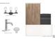 The powder bath features matte black lighting, chrome plumbing, a quartz countertop, and white oak hardwood at 19032 Newburg Hill Rd, Davidson, NC 28036