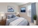 Relaxing bedroom featuring a tufted headboard, soft blue accents, and contemporary artwork at 1413 Windy Park Dr, Stanley, NC 28164