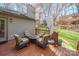 Outdoor patio features a seating area with stylish cushions and a shade umbrella at 201 Oak Creek Dr, Charlotte, NC 28270