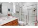 Bathroom with a single sink vanity, cabinet, and glass enclosed shower at 2036 Hudson Ln, Fort Mill, SC 29707