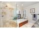 Bright bathroom featuring a shower, tub, and granite vanity at 9417 Valley Rd, Charlotte, NC 28270