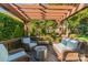 Relaxing covered back deck with wicker seating and fire pit offers outdoor enjoyment at 12112 Autumn Winds Ln, Pineville, NC 28134