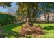 Spacious back yard with mature trees and wooden planter boxes at 12112 Autumn Winds Ln, Pineville, NC 28134