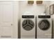 Modern laundry room with front loading washer and dryer, and open shelving at 4641 Potters Wheel Ct, Fort Mill, SC 29715
