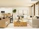 Open-concept living room with a large sofa, modern art, and kitchen bar seating at 4641 Potters Wheel Ct, Fort Mill, SC 29715