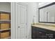 Bathroom features a granite countertop vanity and built-in shelving with baskets at 9128 Summer Club Rd, Charlotte, NC 28277