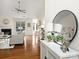 Bright living room boasts hardwood floors, fireplace, and neutral decor at 2405 Ivy Run Dr, Indian Trail, NC 28079