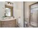 Charming bathroom features stylish vanity, decorative mirror, and tiled walk-in shower at 20711 Bethel Church Rd, Cornelius, NC 28031