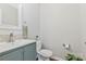 Powder room with modern vanity, stylish mirror, and decorative plant, creating a warm, inviting space at 733 Rocky Grove Gln, York, SC 29745