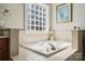 Bright bathroom featuring a tiled tub with glass block window and modern fixtures at 10620 S Ford Rd, Charlotte, NC 28214