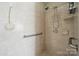 Neutral shower with a handheld shower head, grab bar, and tiled surround at 10620 S Ford Rd, Charlotte, NC 28214