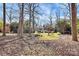 Exterior view of the home's backyard, featuring a small wooden bridge and plenty of trees and foliage at 4607 Carmel Vista Ln, Charlotte, NC 28226