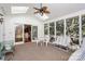 Inviting screened porch with neutral carpet, ceiling fan, and access to both the backyard and the home at 4607 Carmel Vista Ln, Charlotte, NC 28226