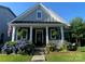 A quaint house featuring a covered porch adorned with vibrant hydrangea bushes and hanging plants at 7035 Walnut Branch Ln, Charlotte, NC 28277