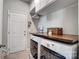 A functional laundry room equipped with washer, dryer, and built-in wooden folding counter at 7035 Walnut Branch Ln, Charlotte, NC 28277