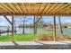 Covered patio view of the lake featuring wood beams, support posts and a beautiful waterfront setting at 11 Courageous St, Lake Wylie, SC 29710