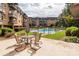 Community patio with a table, chairs, and view of the pool at 1323 Queens Rd # 218, Charlotte, NC 28207