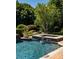 Backyard pool with a stone waterfall feature, surrounded by lush greenery and professional landscaping at 18302 Town Harbour Rd, Cornelius, NC 28031