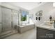 Modern bathroom featuring a glass shower, soaking tub, and contemporary finishes at 4004 Caymen Bay Ct, Tega Cay, SC 29708