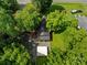 Aerial view showcasing home, detached garage, mature trees, and a lush lawn at 28419 Nc Hwy 73 Hwy, Albemarle, NC 28001