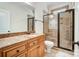 Bathroom featuring wood vanity, granite counters, a glass shower, and a commode at 6548 Robin Hollow Dr, Mint Hill, NC 28227