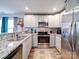 Well-lit kitchen features stainless steel appliances, granite countertops, mosaic backsplash, and white cabinets at 108 Oak Grove St, Kannapolis, NC 28081