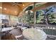 Relaxing screened porch with a wood ceiling, cozy seating, dining table, and view of the backyard at 19933 Scanmar Ln, Cornelius, NC 28031