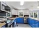Stylish kitchen boasting blue lower cabinets, white upper cabinets, and modern stainless-steel appliances at 112 Courtland St, Chester, SC 29706