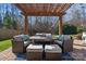 Outdoor seating area with a table, chairs, ottomans, and a pergola with string lights at 2352 Seagull Dr, Denver, NC 28037
