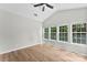 Bedroom with high vaulted ceilings, ceiling fan, and lots of natural light at 329 Squirrel Ln, Clover, SC 29710