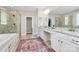 Elegant bathroom featuring double sinks, granite counters, walk-in shower, and soaking tub at 5019 Mill Creek Rd, Clover, SC 29710