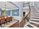 Inviting dining room featuring blue walls, white wainscoting, and a stylish chandelier at 5019 Mill Creek Rd, Clover, SC 29710