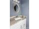 Powder room featuring granite counters, a white vanity, oval mirror, and stylish fixtures at 100 Willow Run Dr, Gastonia, NC 28056