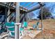 Outdoor patio with stone flooring, pergola, string lights, and blue Adirondack chairs at 1529 Alex Dr, Shelby, NC 28152