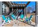 Covered patio featuring stone flooring, string lights, and four blue Adirondack chairs at 1529 Alex Dr, Shelby, NC 28152