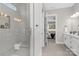 Bathroom with herringbone tile shower and view into bedroom at 3924 13Th Ne St, Hickory, NC 28601
