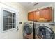 Convenient laundry room with modern washer and dryer, overhead cabinets, and exterior door access at 11924 Parks Farm Ln, Charlotte, NC 28277