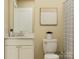 Functional bathroom with a toilet, vanity with storage, and a shower with a decorative curtain at 8421 Norman Forest Rd, Lancaster, SC 29720