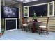 Cozy outdoor dining area with rustic wood table, tv, and bar window at 1496 Givens St, Hickory, NC 28602