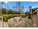 Stone patio featuring a fire pit with seating and manicured landscaping at 3019 Foggy Hollow Ln, Clover, SC 29710