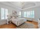 Serene bedroom with tray ceilings, patterned wallpaper, shuttered windows, and a cozy sitting area at 7924 Pemswood St, Charlotte, NC 28277